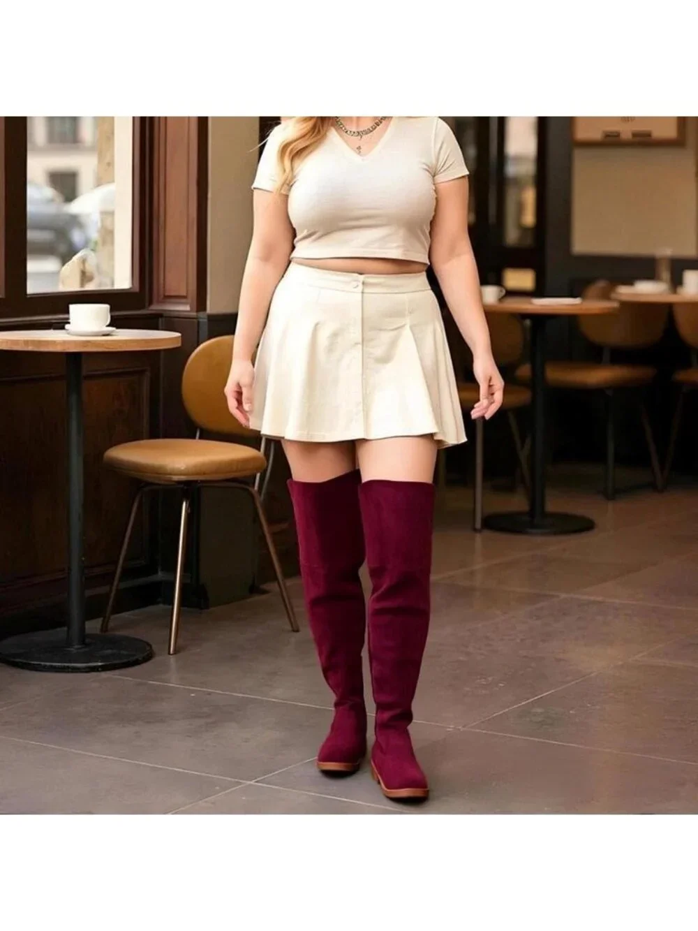 Women's Wine Red Faux Suede Back Lace Wide Calf Over-the-Knee Thigh-High Boots